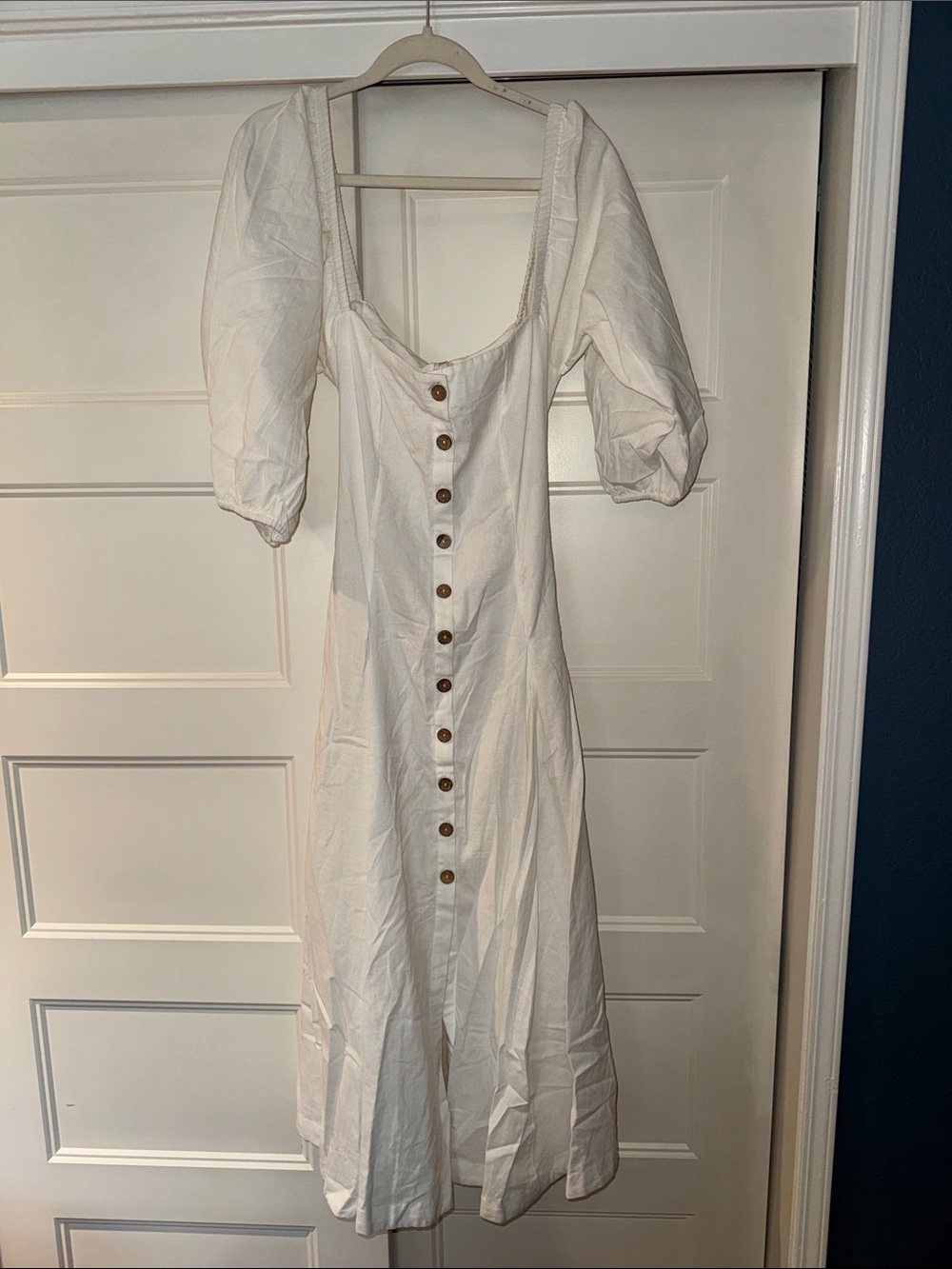 Free People Cream Button-Front Midi Dress with Puff Sleeves